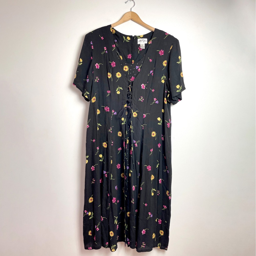 Vintage Floral Lace Up Midi Dress Black Sz 20 Grunge 90s Cottagecore Indie